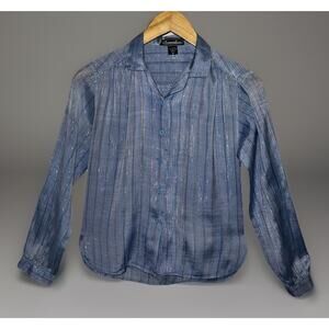 Vtg 70s 80s Promotions Blue Blouse Striped Rainbow Metallic Thread Sz M